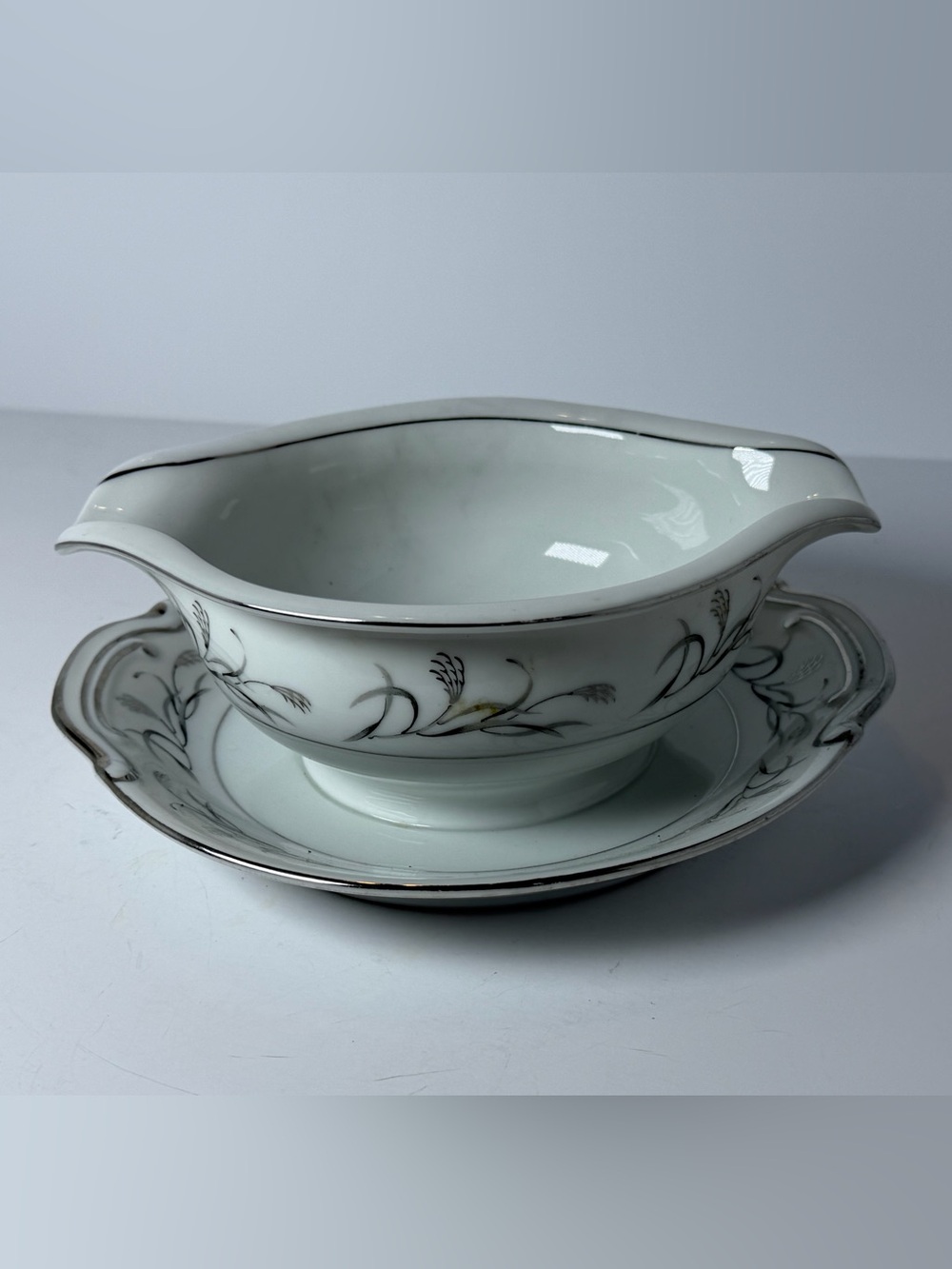 Vintage Harmony House "Platinum Garland" Gravy Boat with Attached Underplate